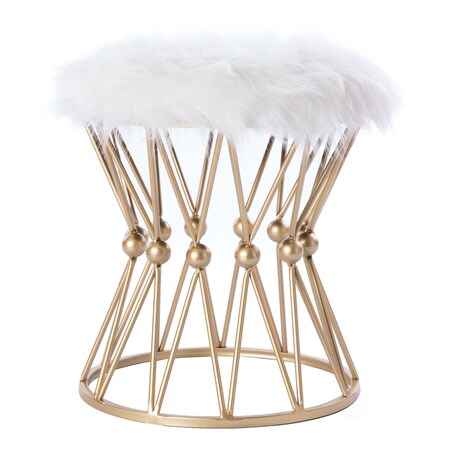 Fabulaxe Round Gold Metal Stool with White Fur Top QI003521